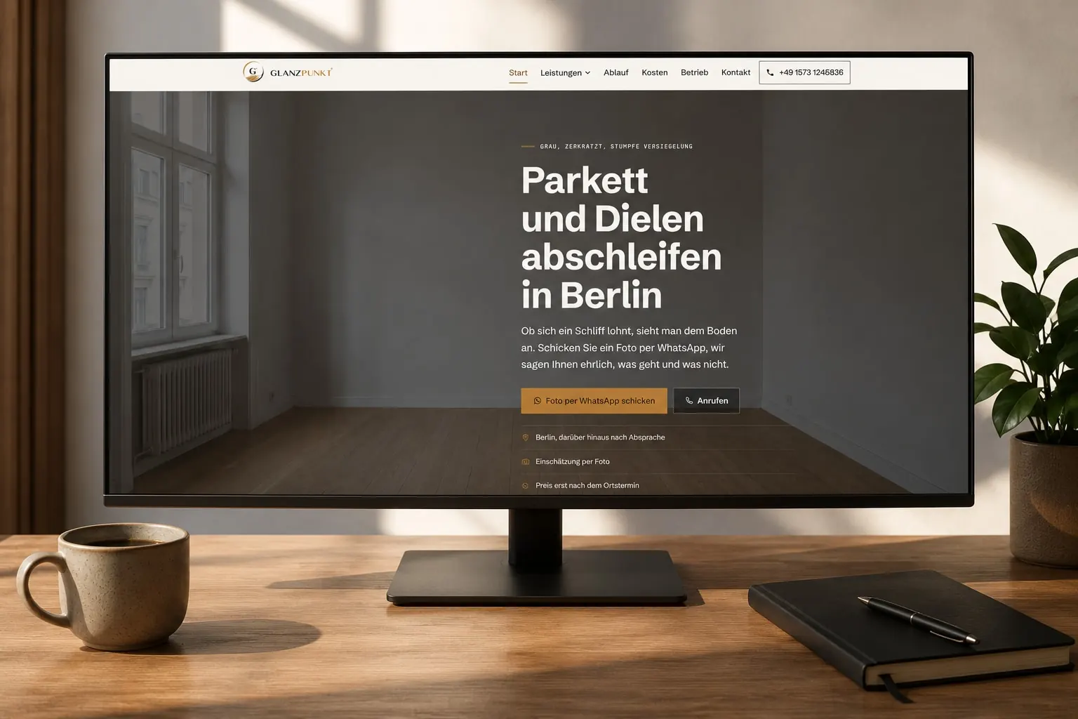 Startseite von Glanzpunkt auf einem breiten Monitor in einem Altbauzimmer mit frisch geschliffenem Dielenboden.